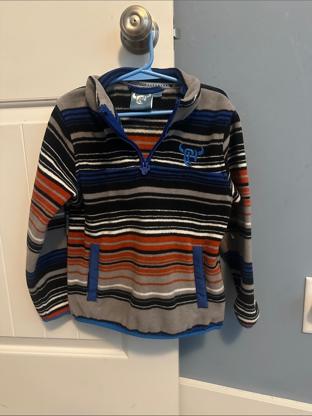Striped Half-Zip Kids Fleece Pullover - Blue, Gray & Orange